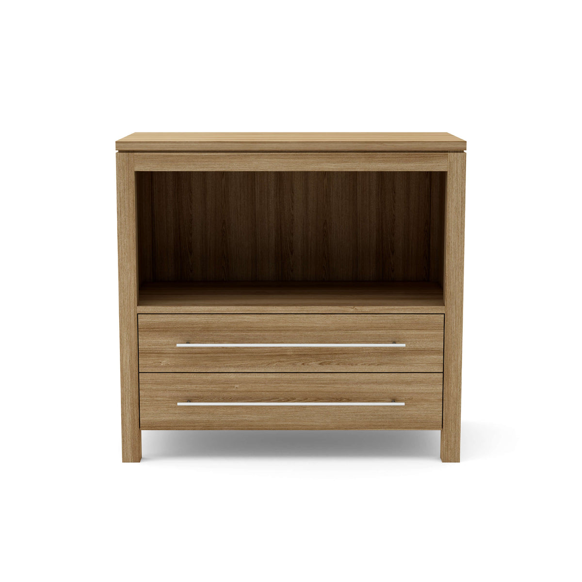 Wooden nightstand with two drawers on a white background