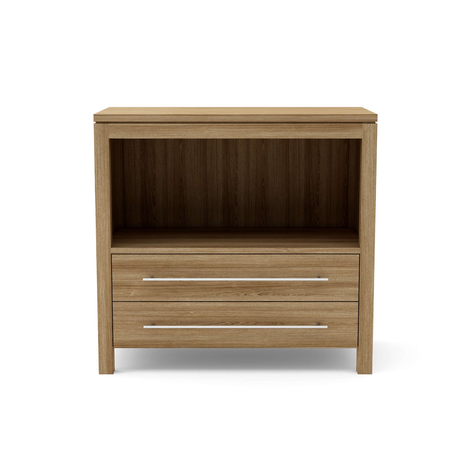 Wooden nightstand with two drawers on a white background