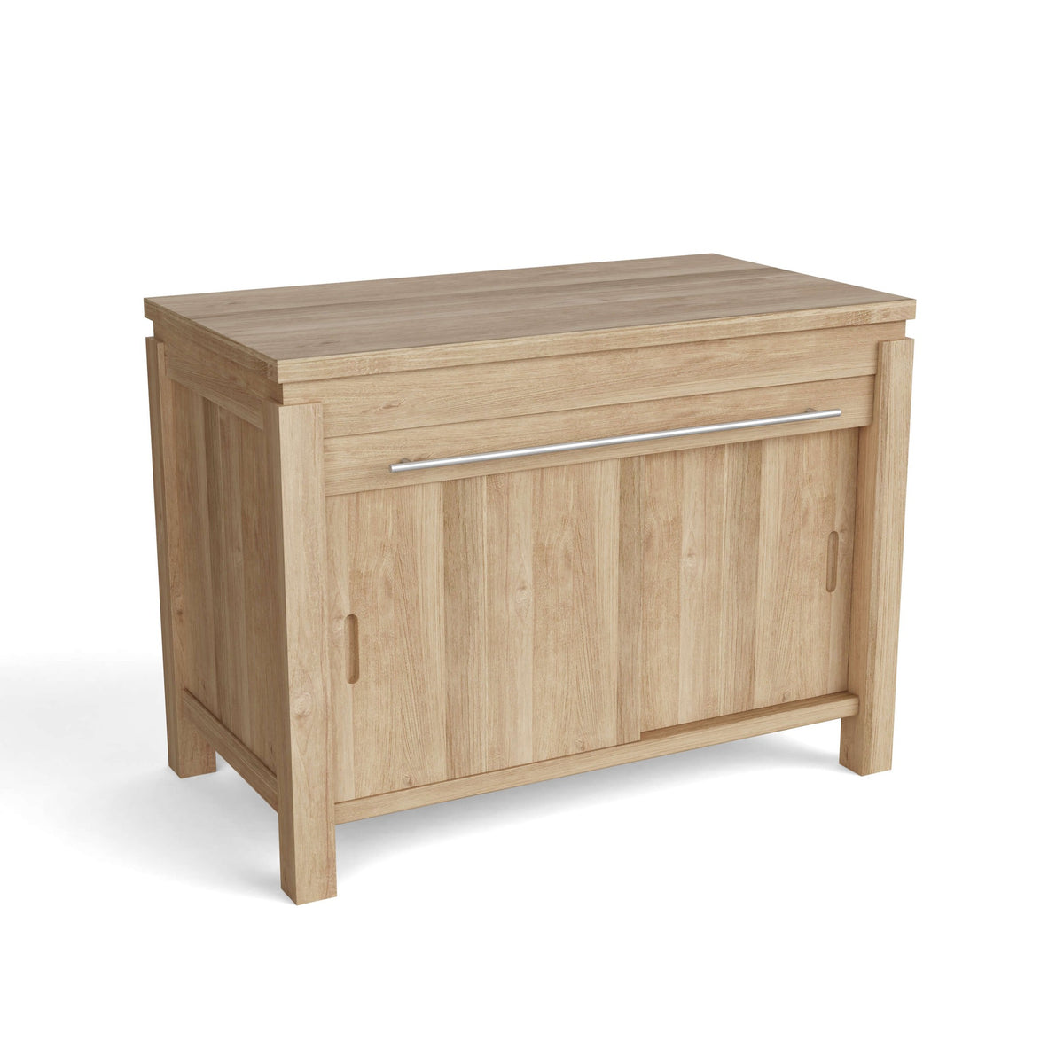 Wooden cabinet with a door and a small drawer on a white background