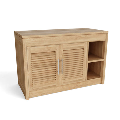 Wooden cabinet with louvered doors on a white background