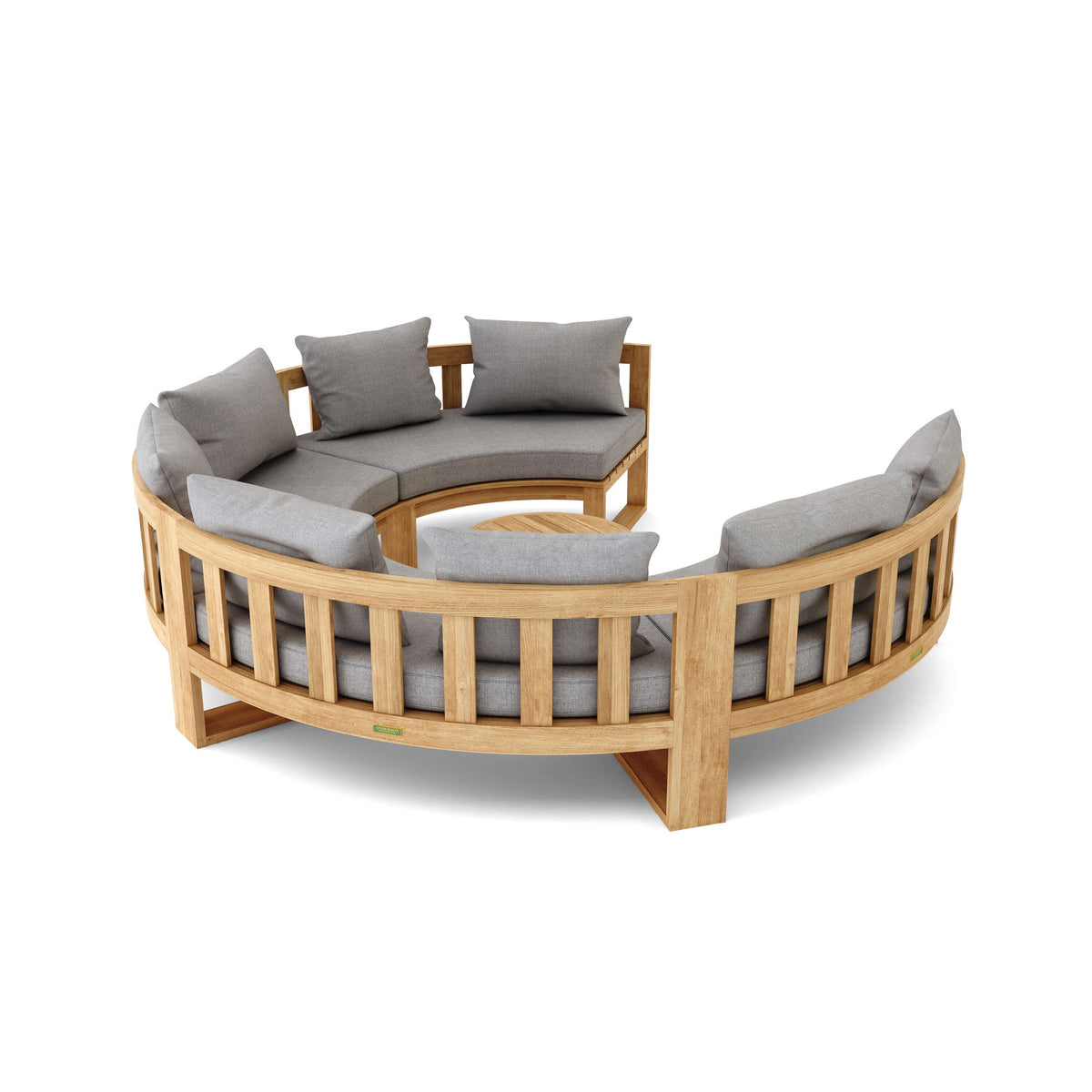 Round wooden outdoor sofa with gray cushions on a white background