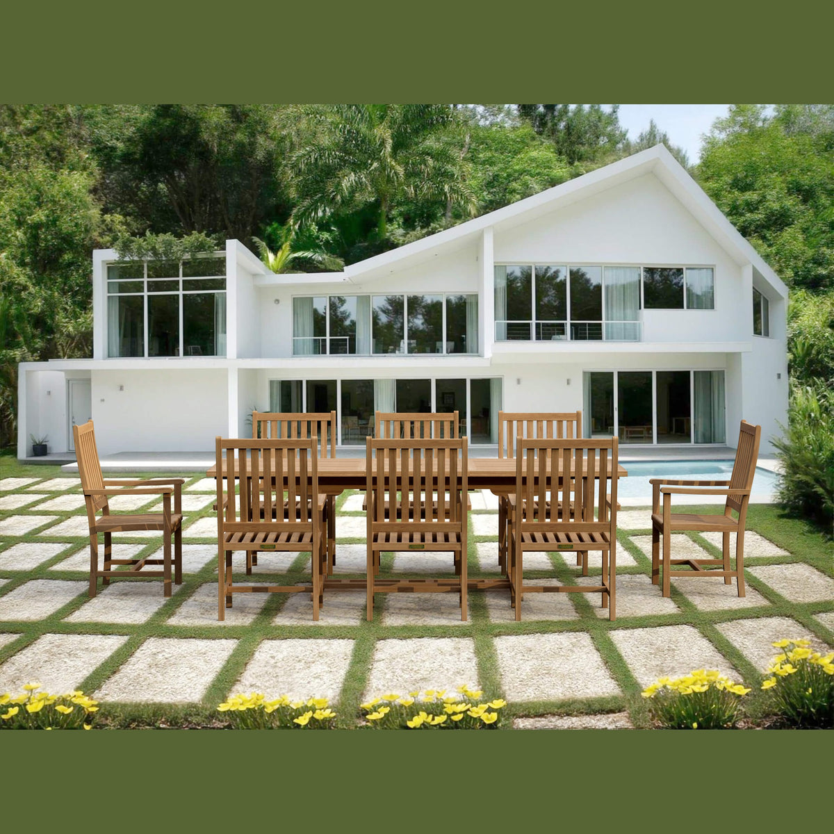 Wooden outdoor dining set on a patio in front of a modern white house.