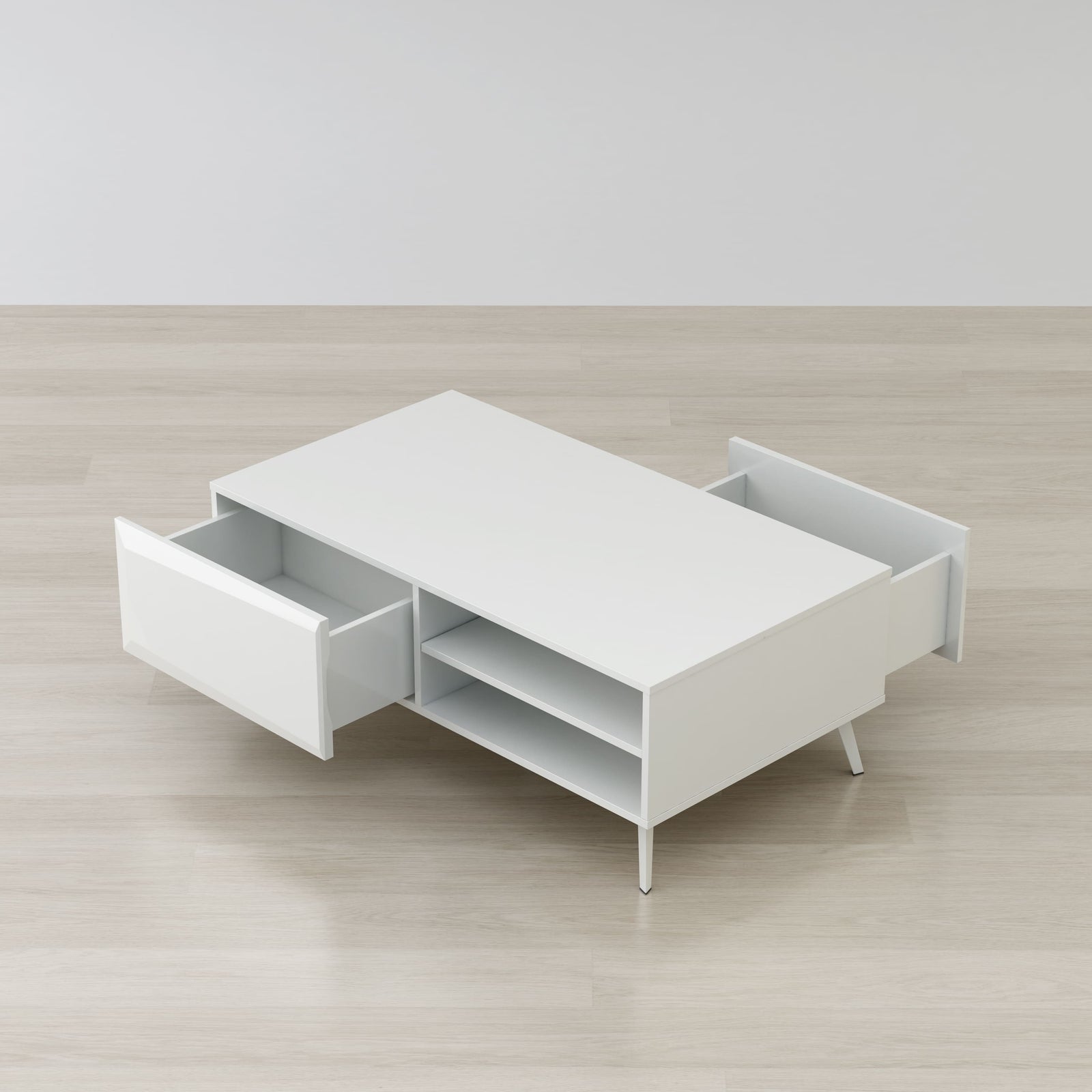 White storage unit with a drawer on a light wooden floor.