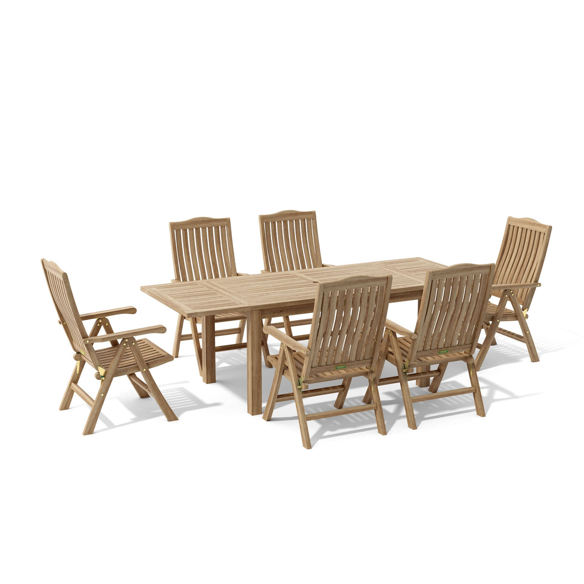 Wooden outdoor table with six matching chairs on a white background