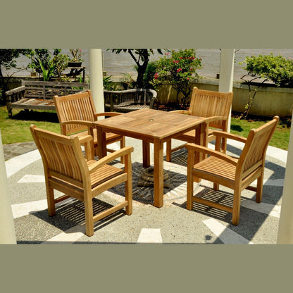 Wooden outdoor dining set with table and chairs on a patio
