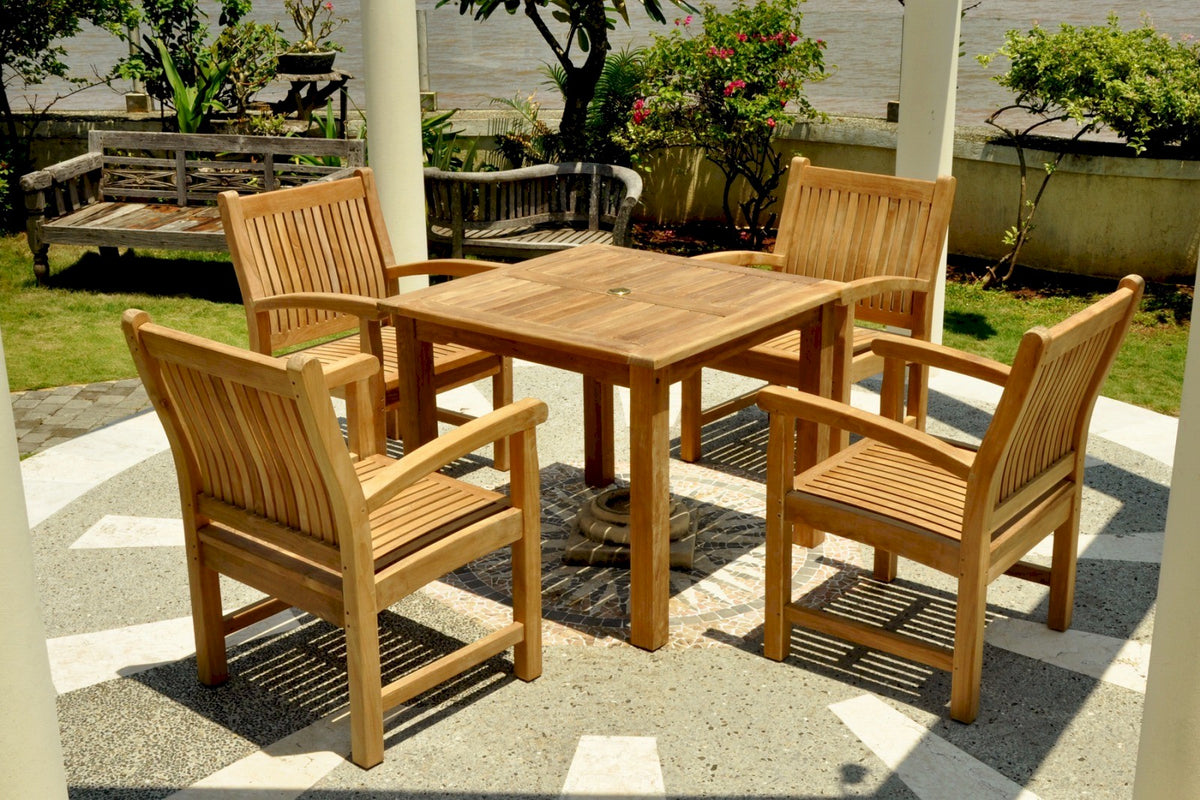 Wooden outdoor dining set with table and chairs on a patio