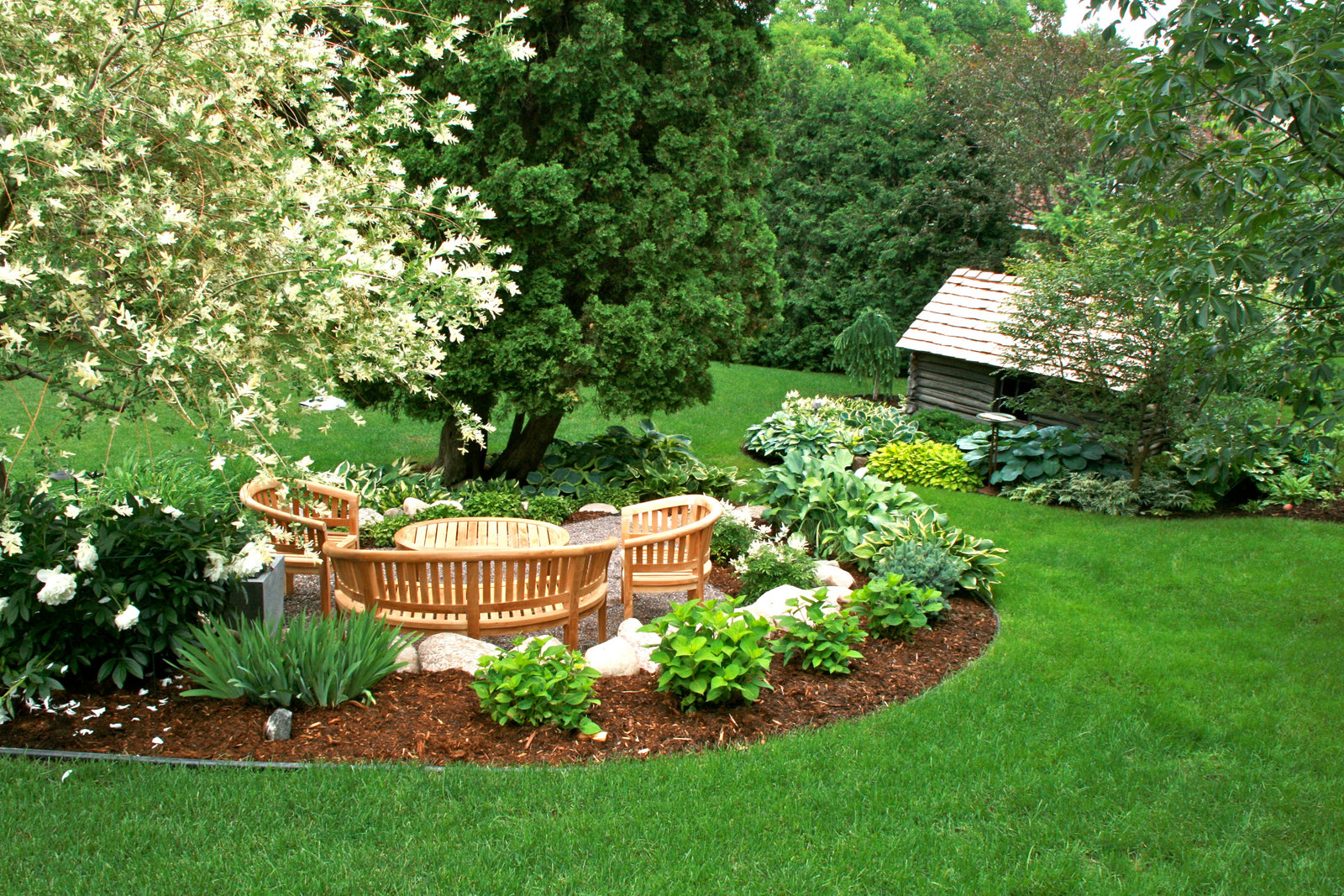 Garden with wooden bench, plants, and a small shed in a lush green setting.