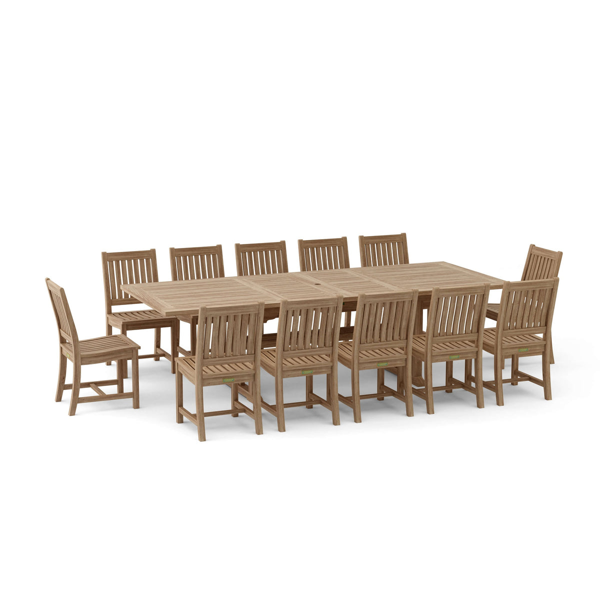 Wooden outdoor dining set with a table and chairs on a white background