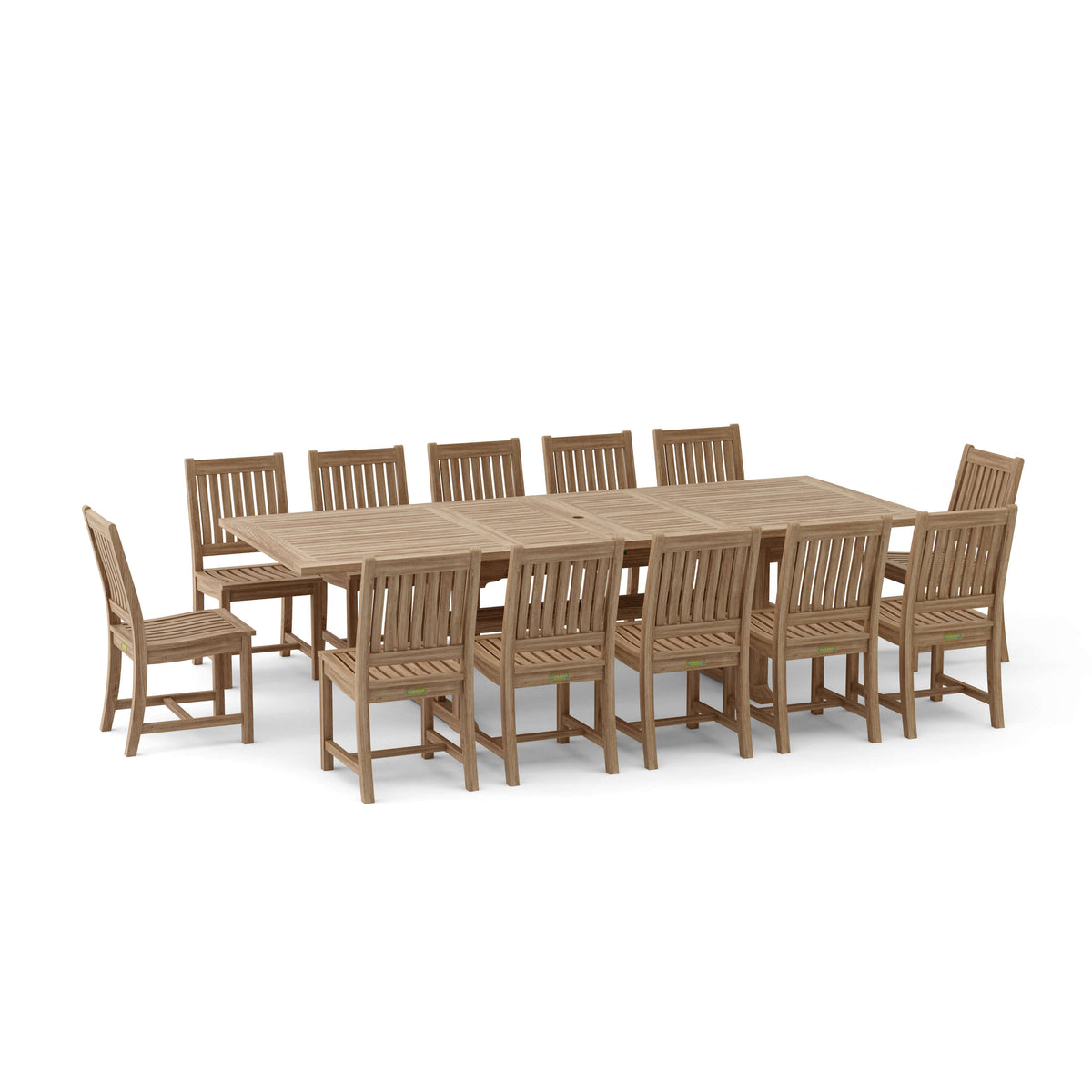 Wooden outdoor dining set with a table and chairs on a white background