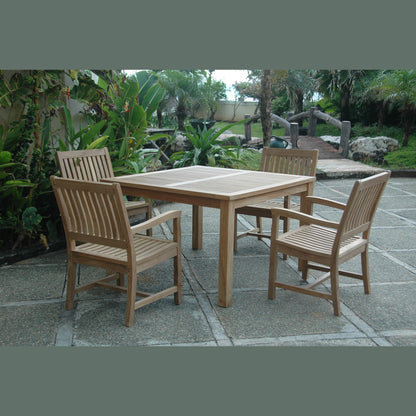 Wooden outdoor dining set with four chairs on a patio