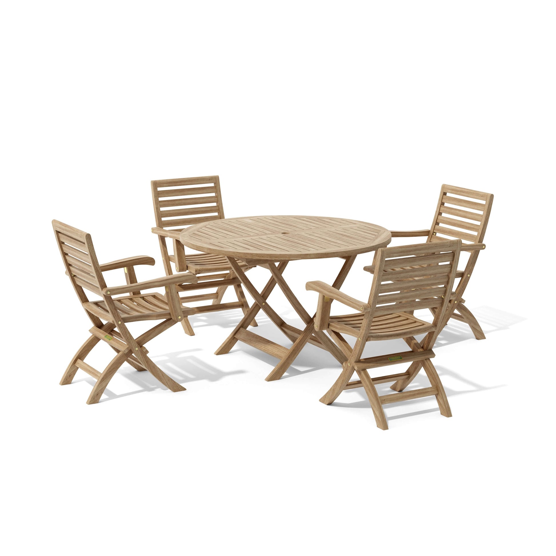 Wooden outdoor table and four chairs on a white background