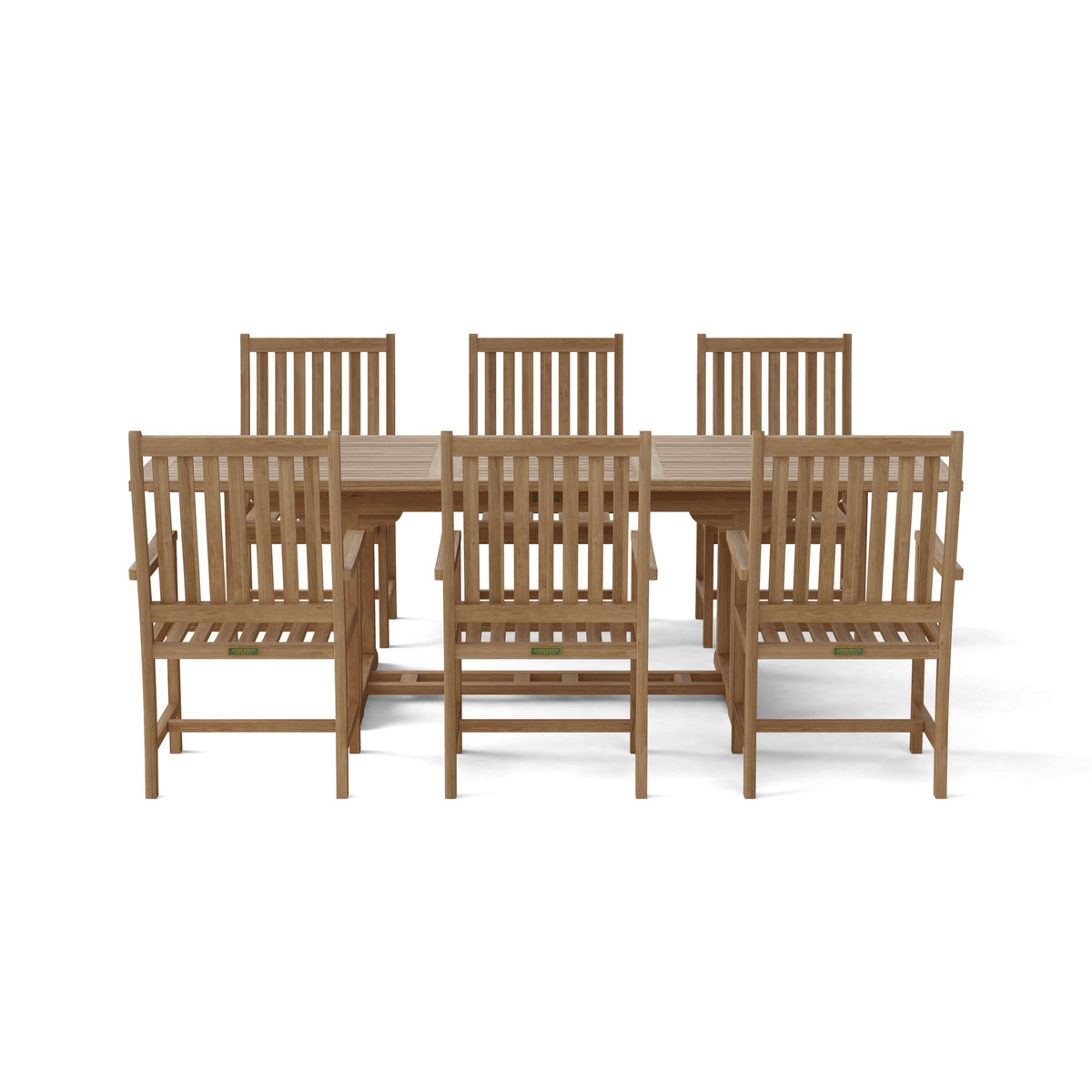 Wooden dining set with a table and six chairs on a white background