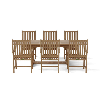 Wooden dining set with a table and six chairs on a white background