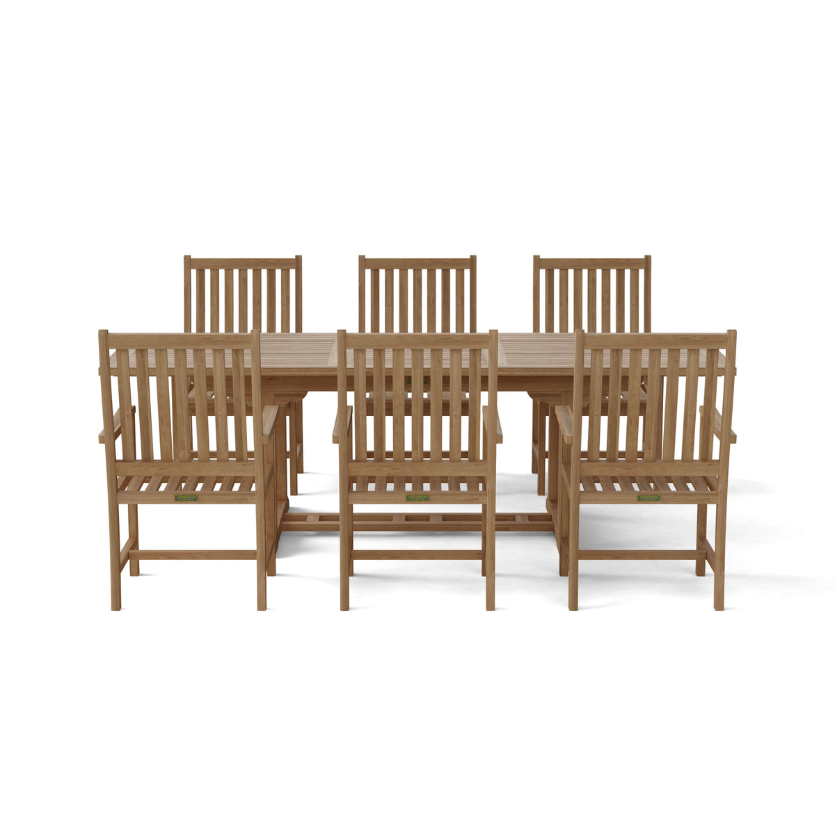 Wooden dining set with a table and six chairs on a white background