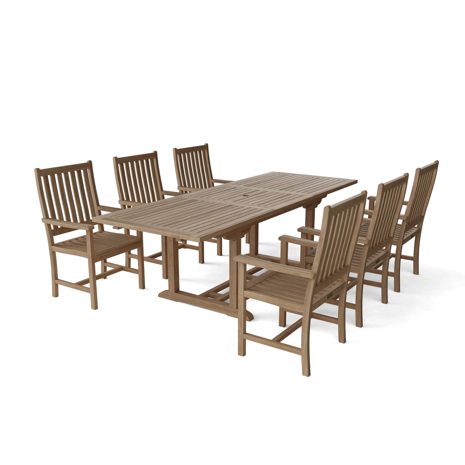 Wooden outdoor dining set with table and chairs on a white background