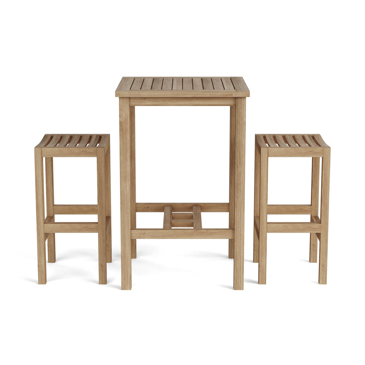 Wooden outdoor table and two stools on a white background