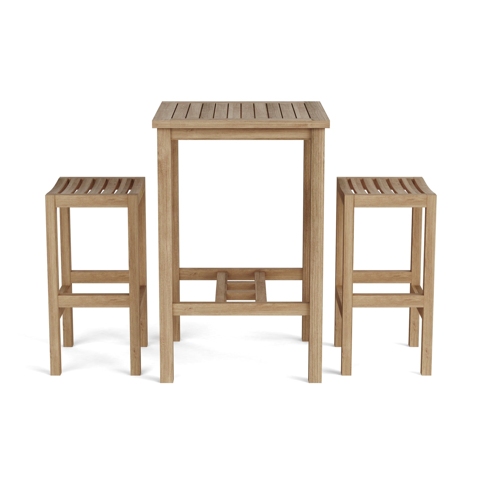 Wooden outdoor table and two stools on a white background