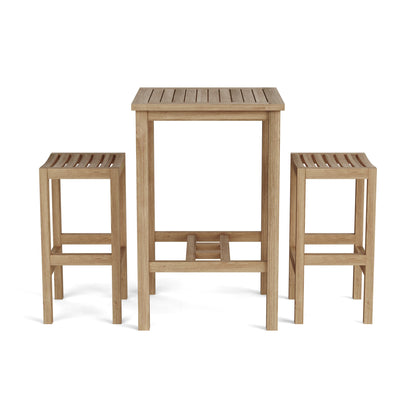 Wooden outdoor table and two stools on a white background