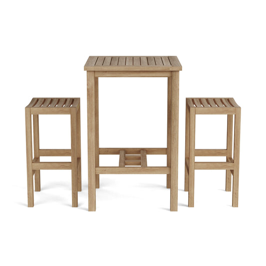 Wooden outdoor table and two stools on a white background