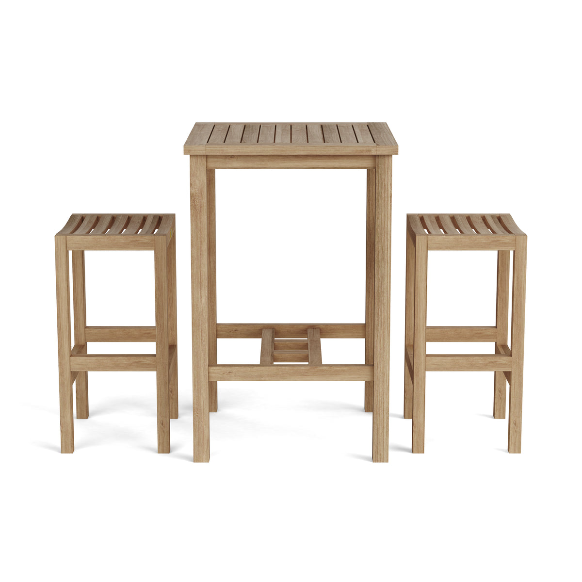 Wooden outdoor table and two stools on a white background