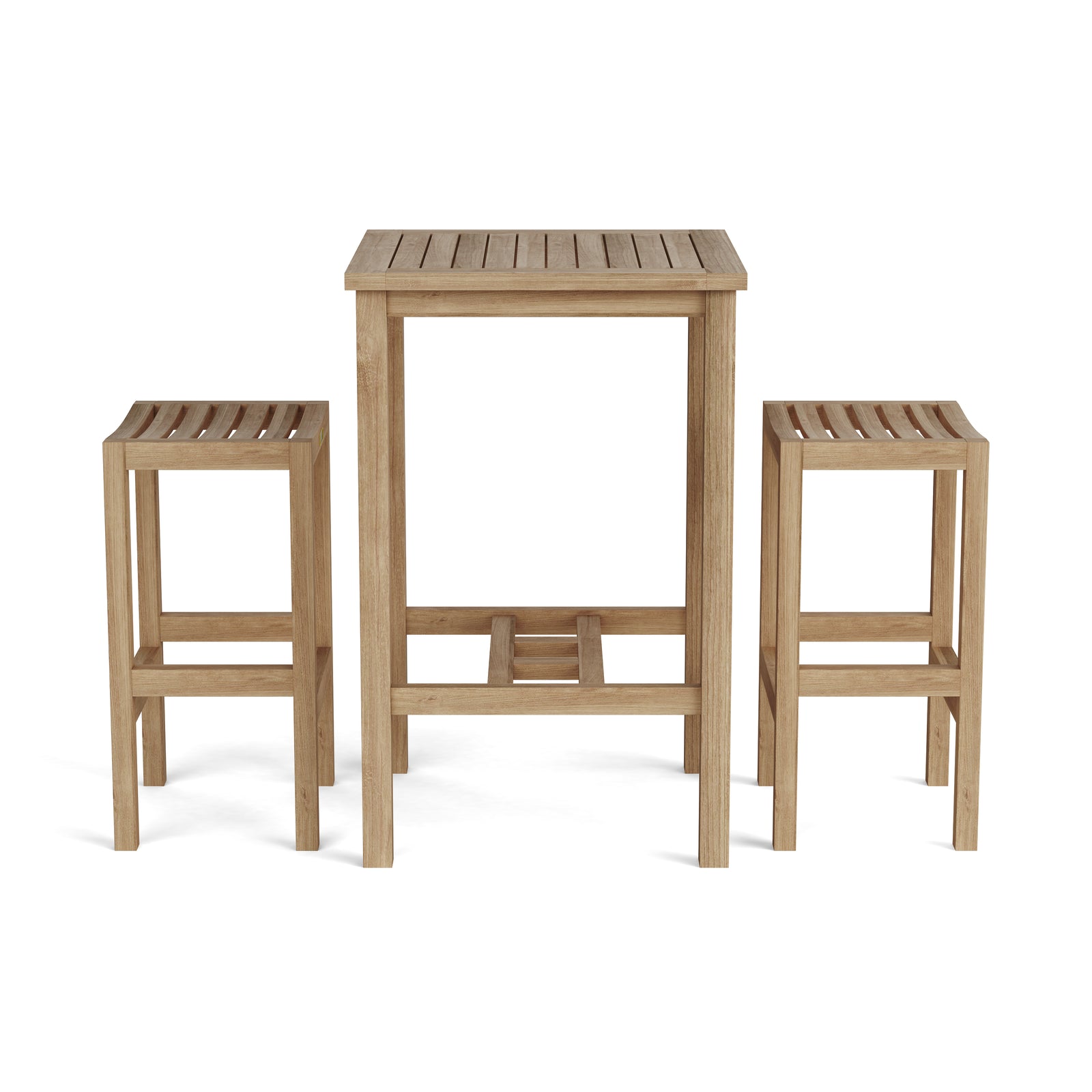 Wooden outdoor table and two stools on a white background