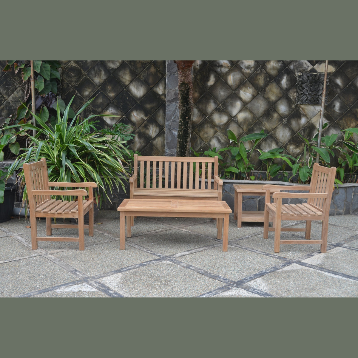 Wooden outdoor furniture set with chairs and a bench on a stone patio.