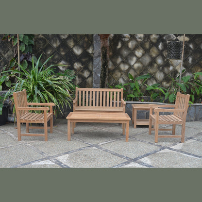 Wooden outdoor furniture set with chairs and a bench on a stone patio.