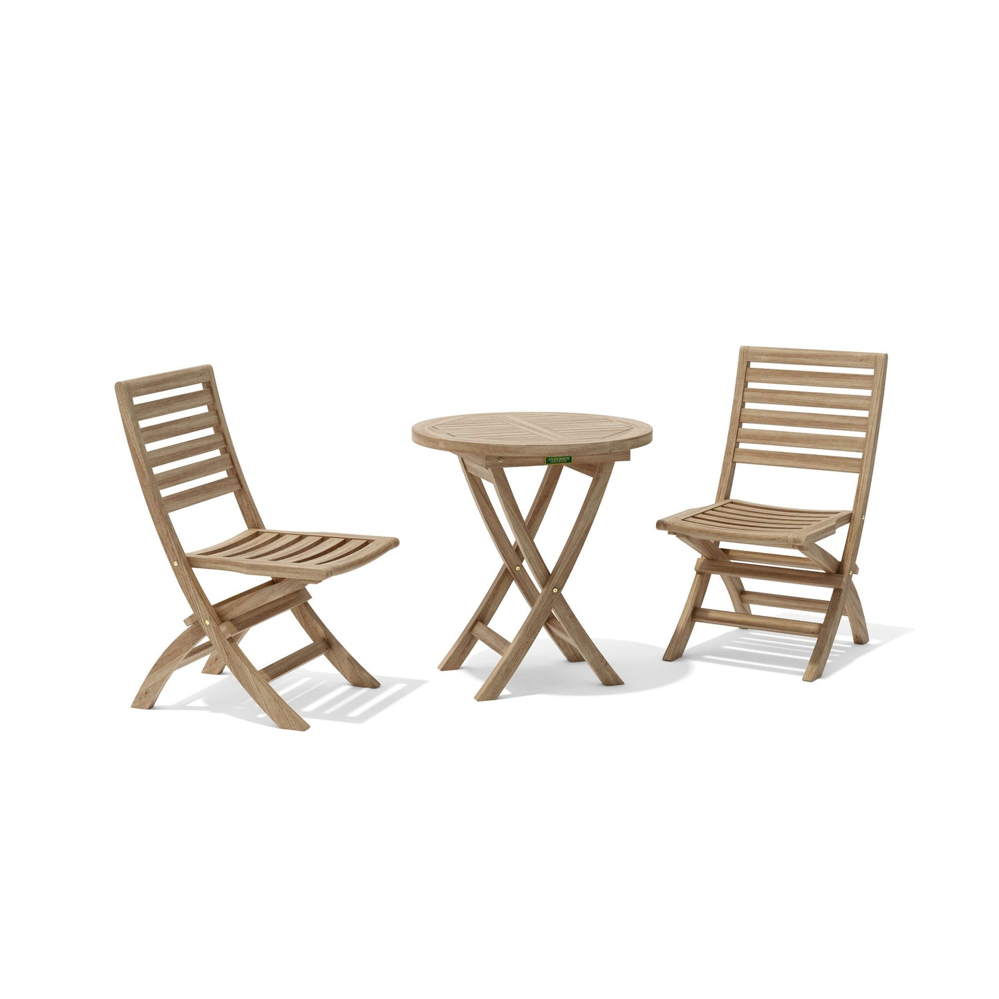 Wooden outdoor table with two matching chairs on a white background