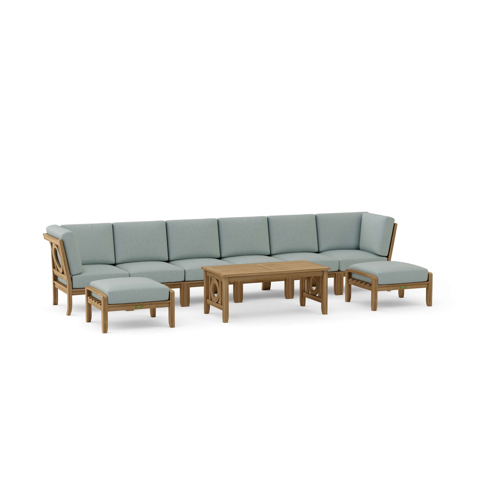 Outdoor furniture set with a sectional sofa and ottomans on a white background