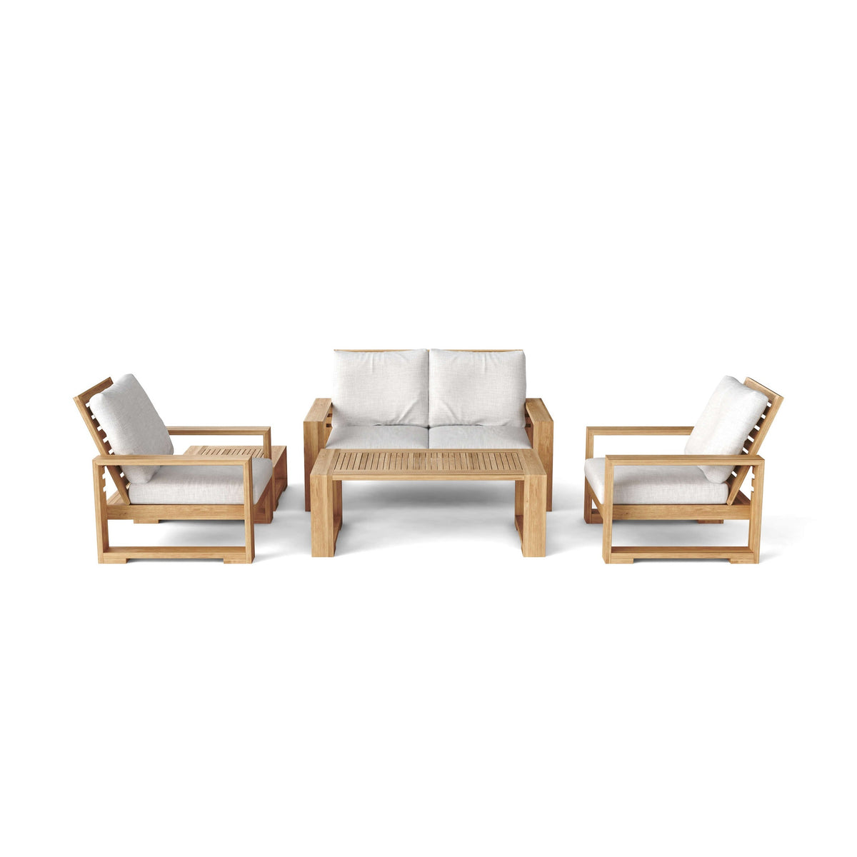 Wooden outdoor furniture set with white cushions on a white background