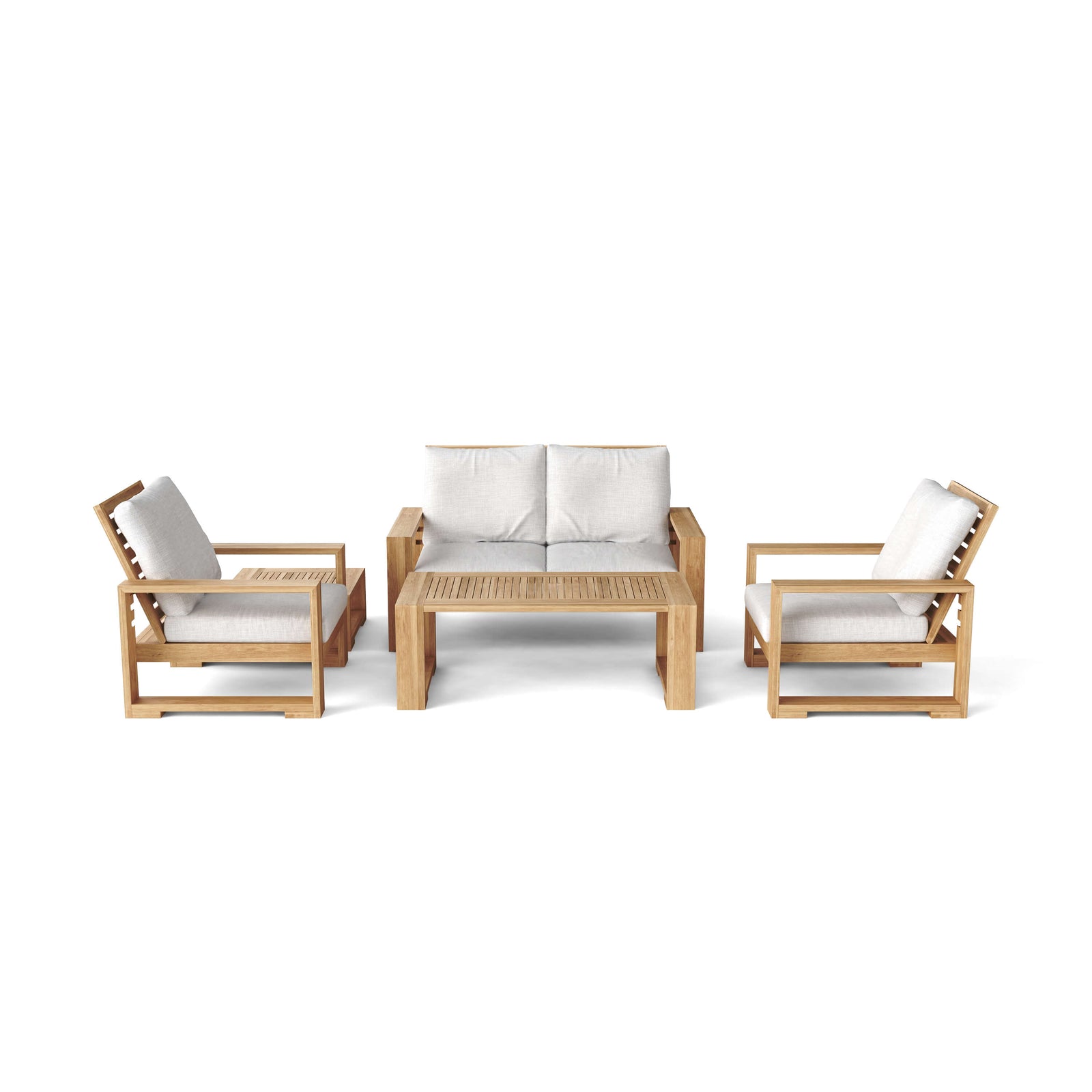 Wooden outdoor furniture set with white cushions on a white background