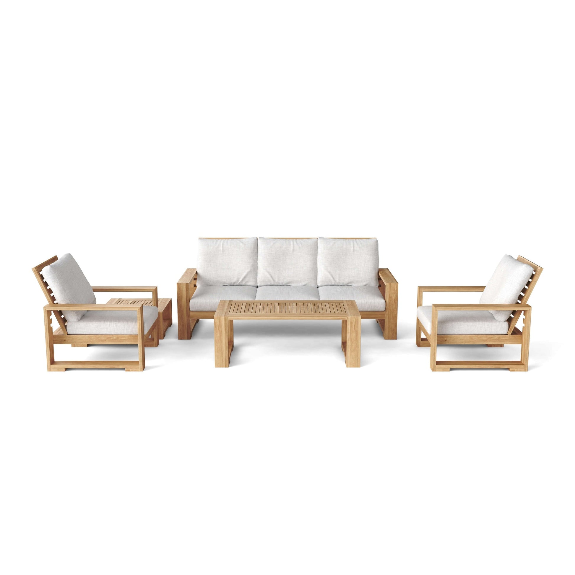 Outdoor furniture set with wooden frames and white cushions on a white background
