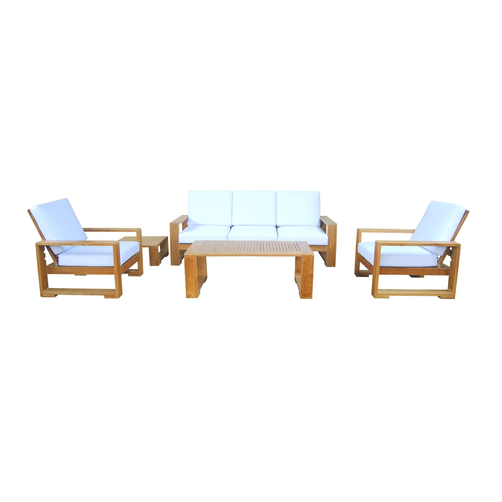 Outdoor furniture set with wooden chairs and table on a white background