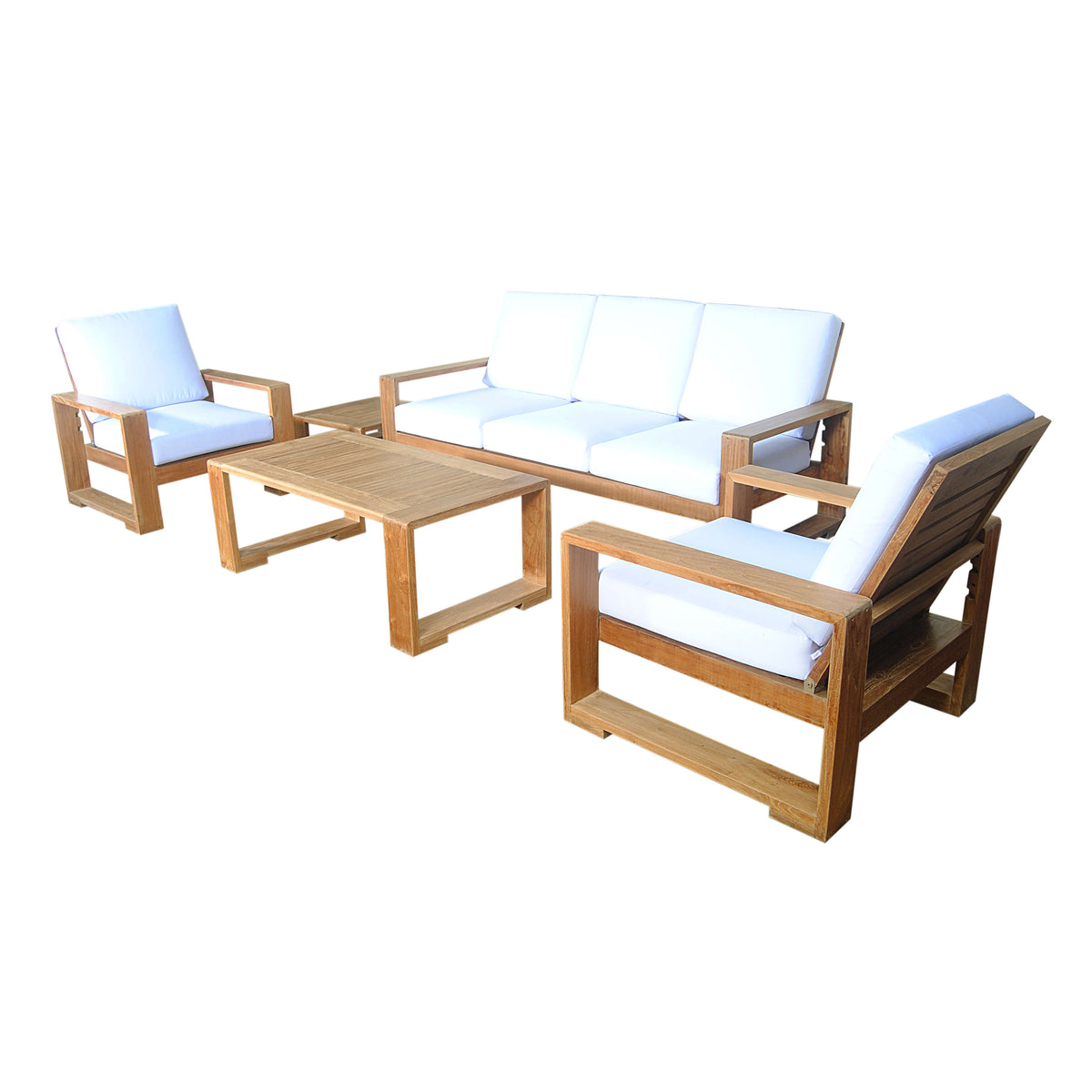 Wooden outdoor furniture set with white cushions on a white background
