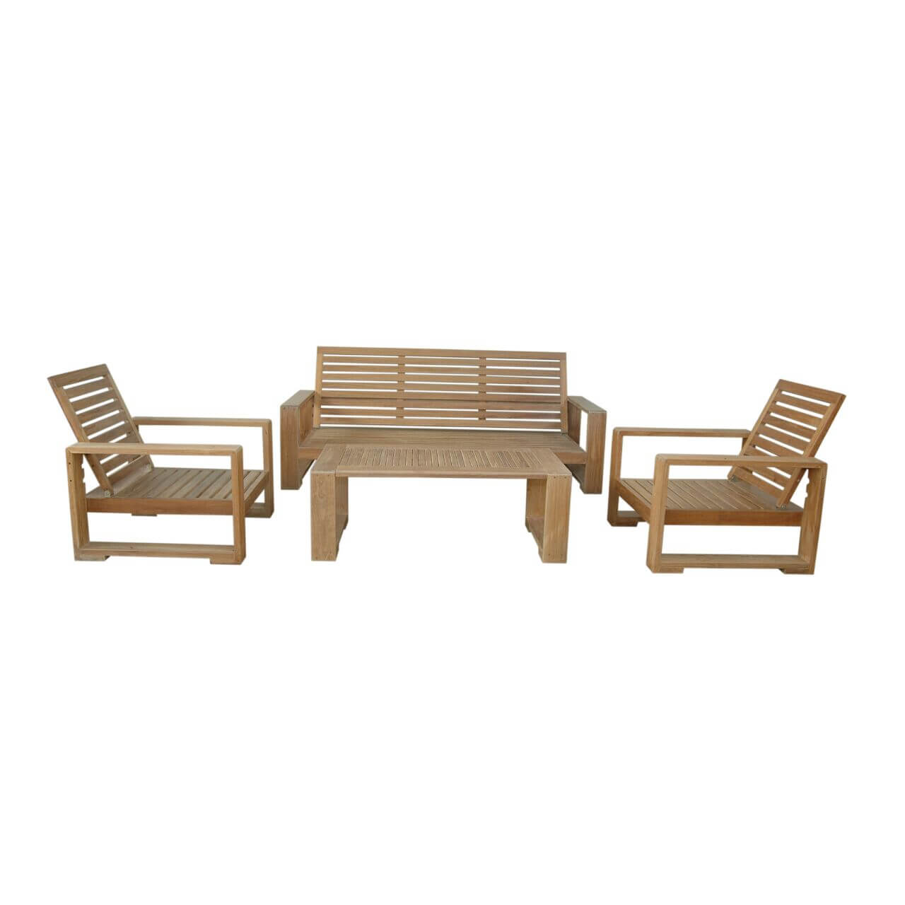 Wooden outdoor furniture set with a sofa and two chairs on a white background