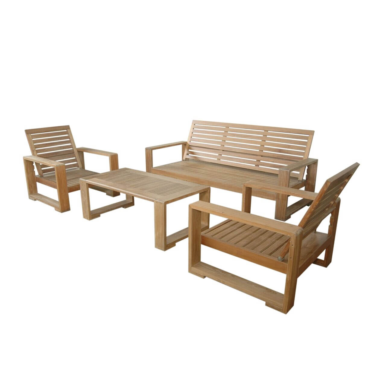 Wooden outdoor furniture set with table and chairs on a white background