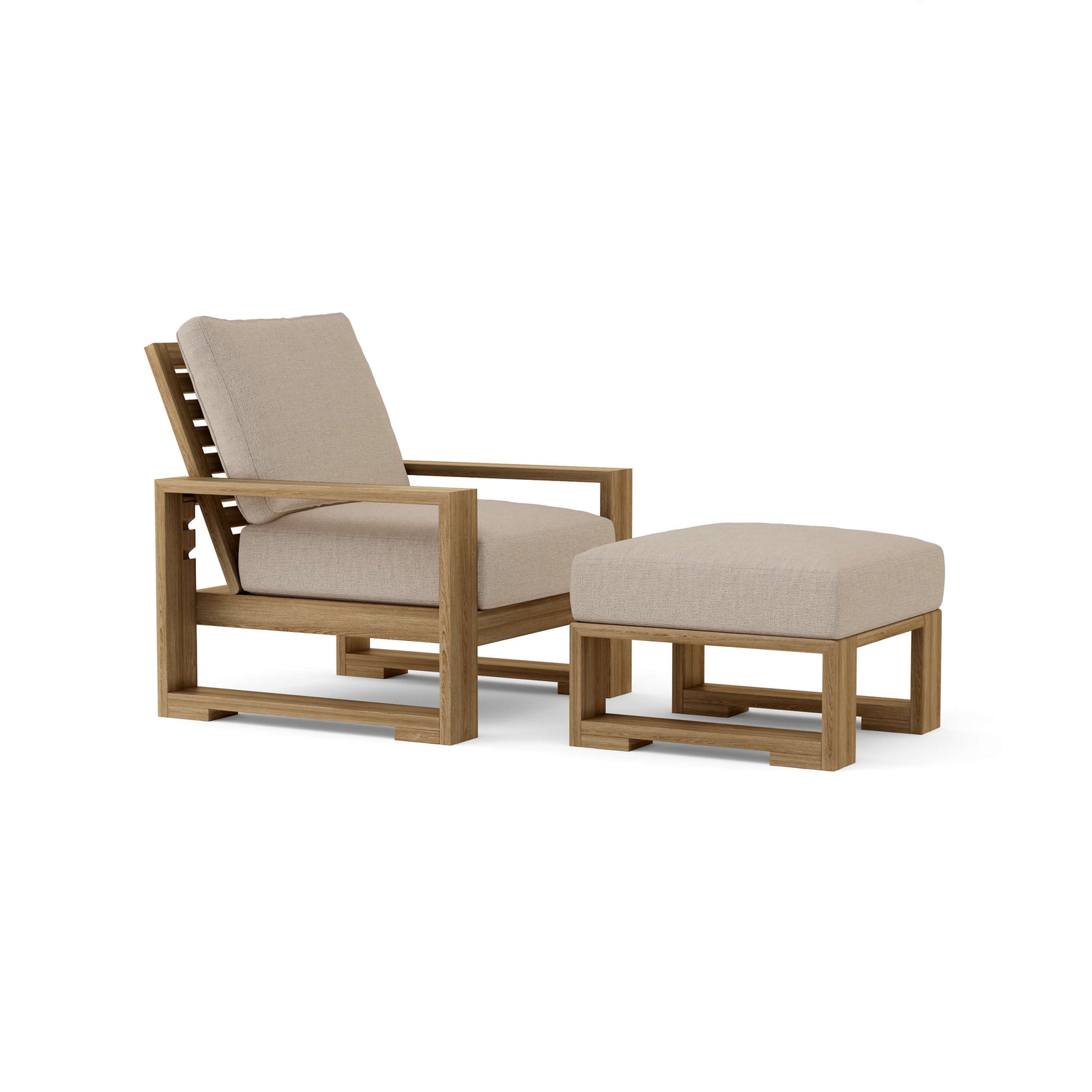 Wooden lounge chair and ottoman with beige cushions on a white background