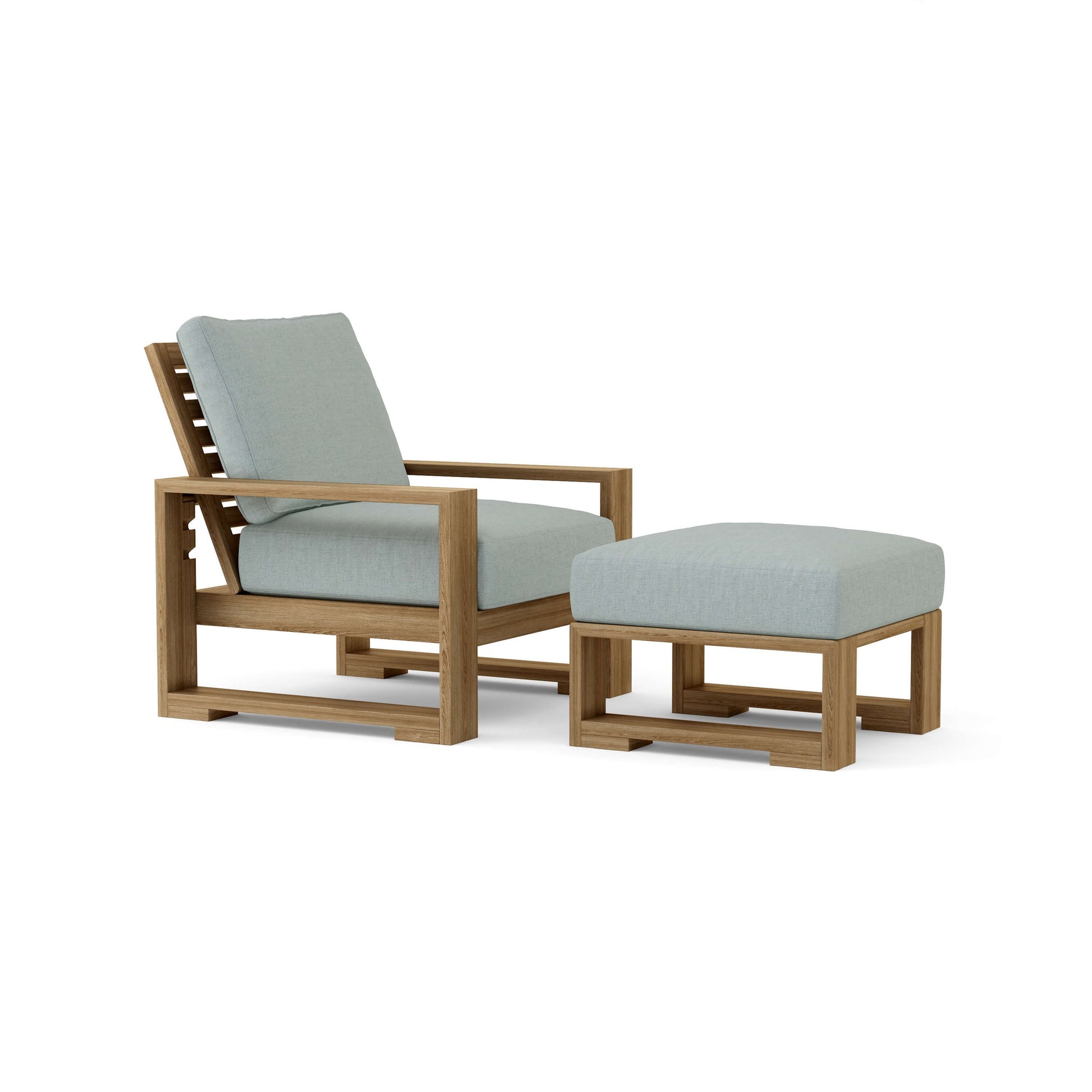 Wooden lounge chair and ottoman with light gray cushions on a white background
