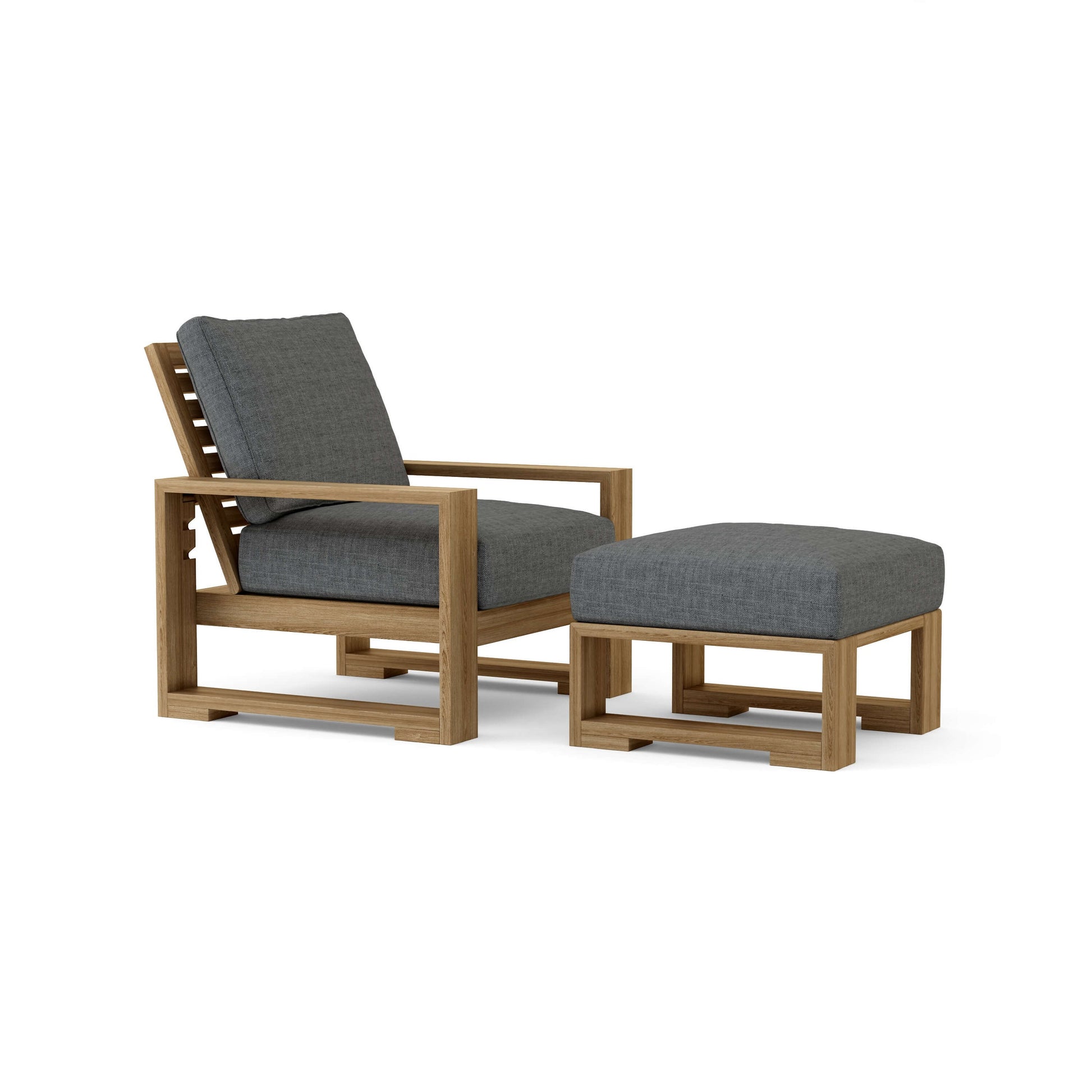 Wooden lounge chair with gray cushions on a white background