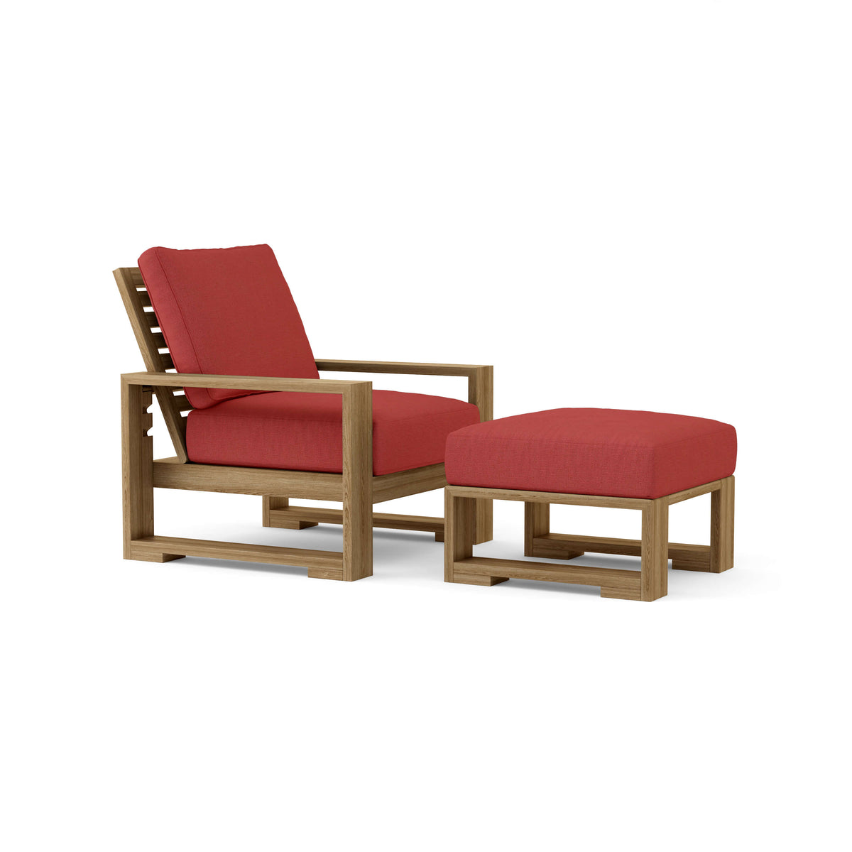 Wooden lounge chair and ottoman with red cushions on a white background