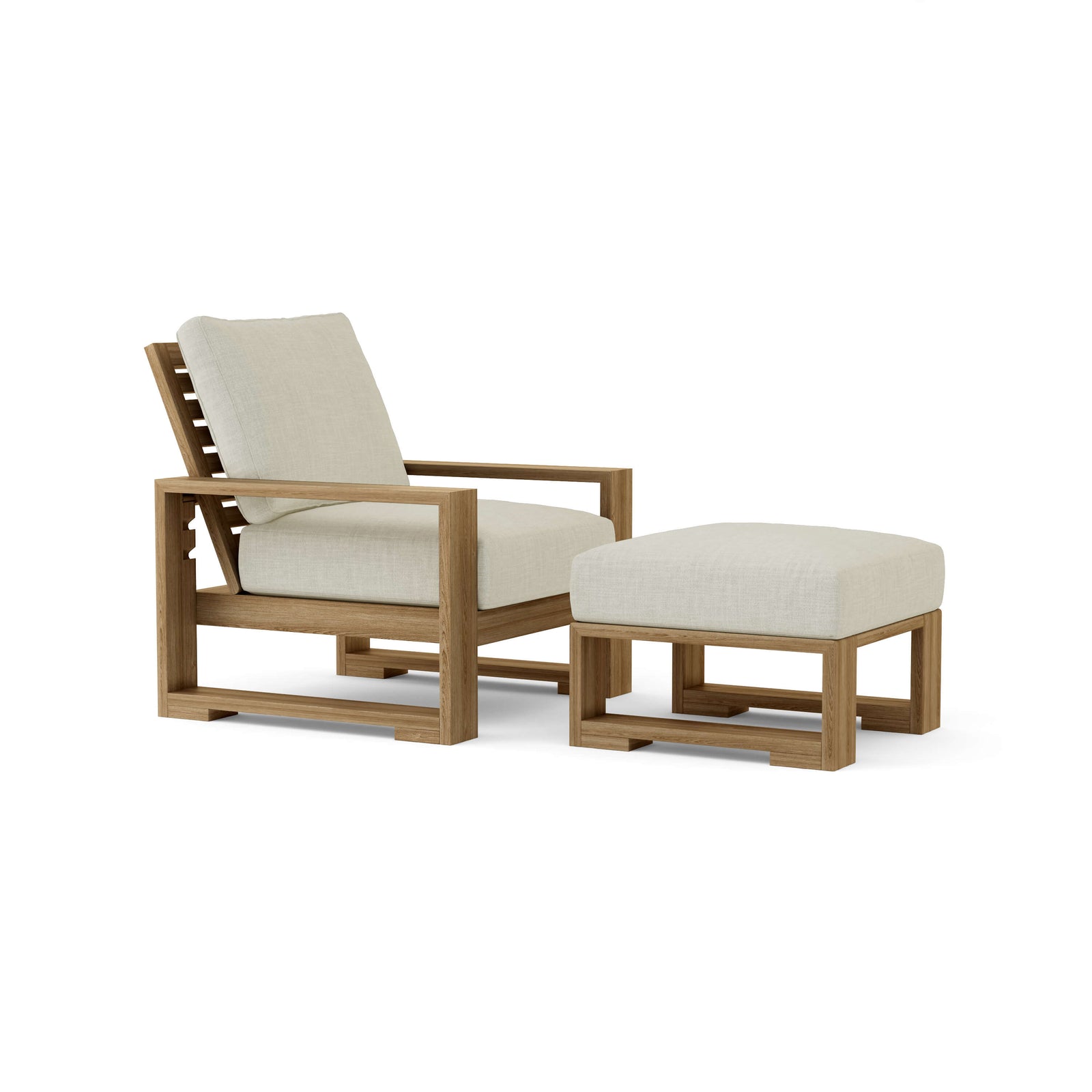 Wooden lounge chair and ottoman with beige cushions on a white background