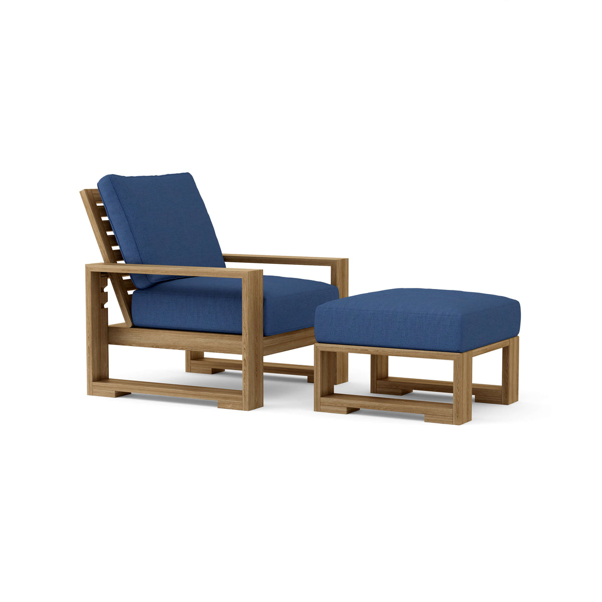 Wooden lounge chair and ottoman with blue cushions on a white background
