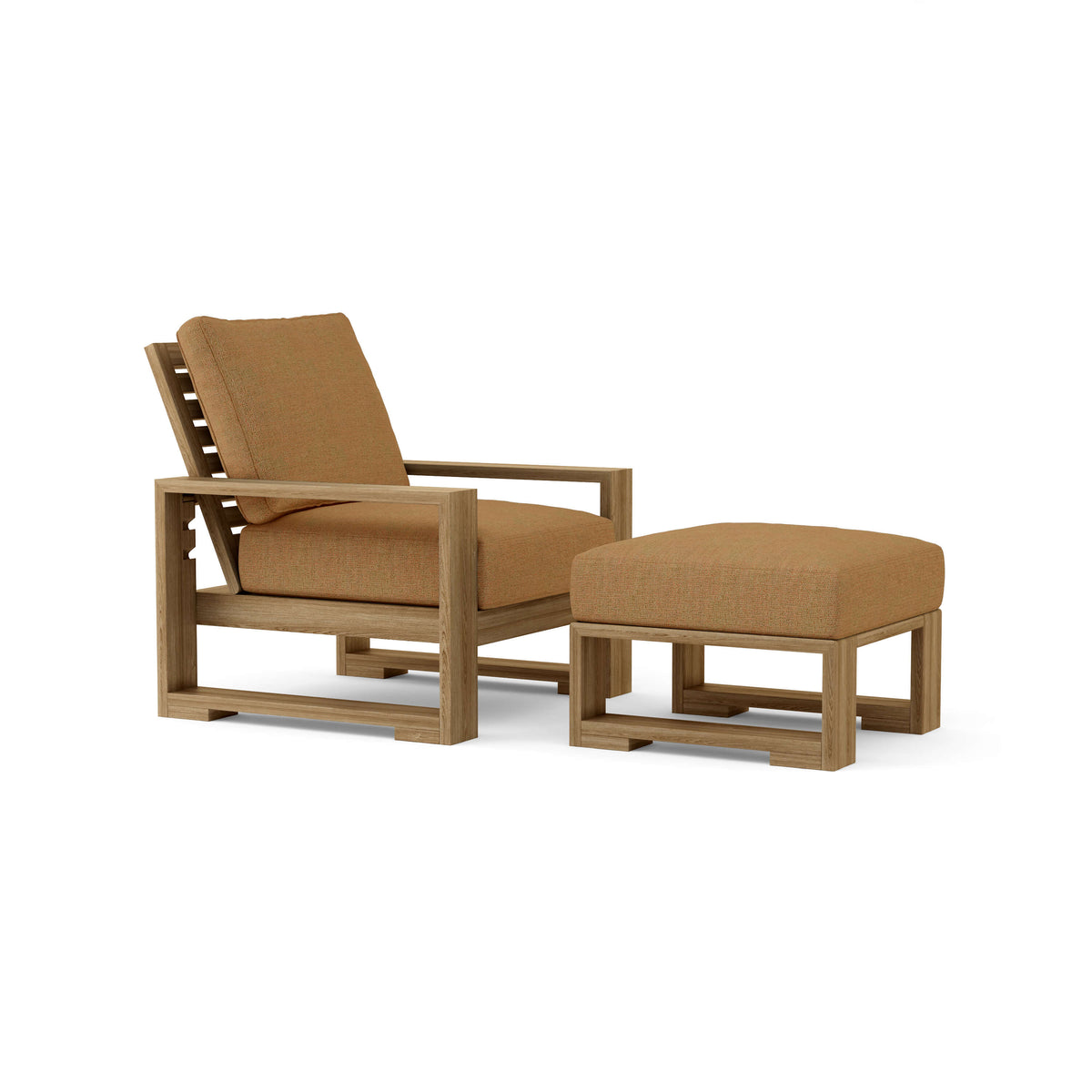 Brown lounge chair and ottoman set on a white background