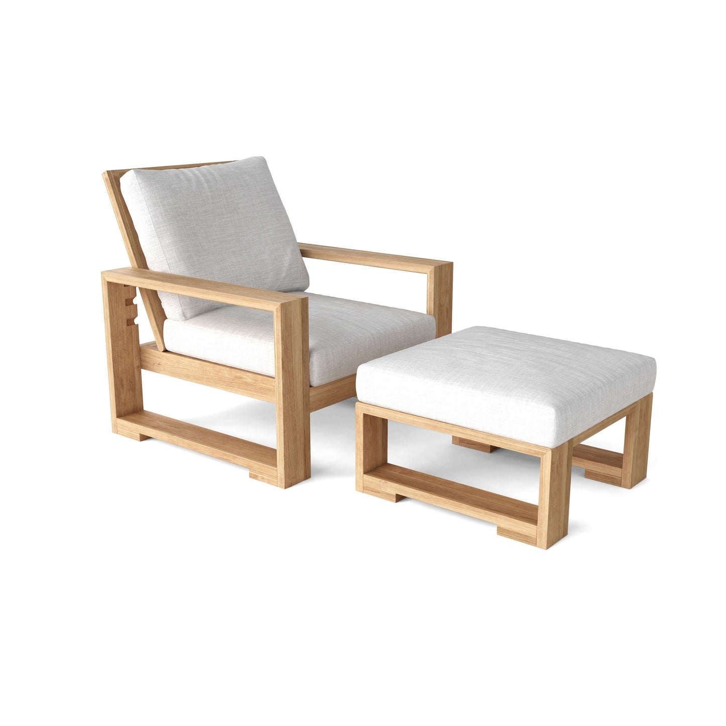 Wooden chair and ottoman set with white cushions on a white background