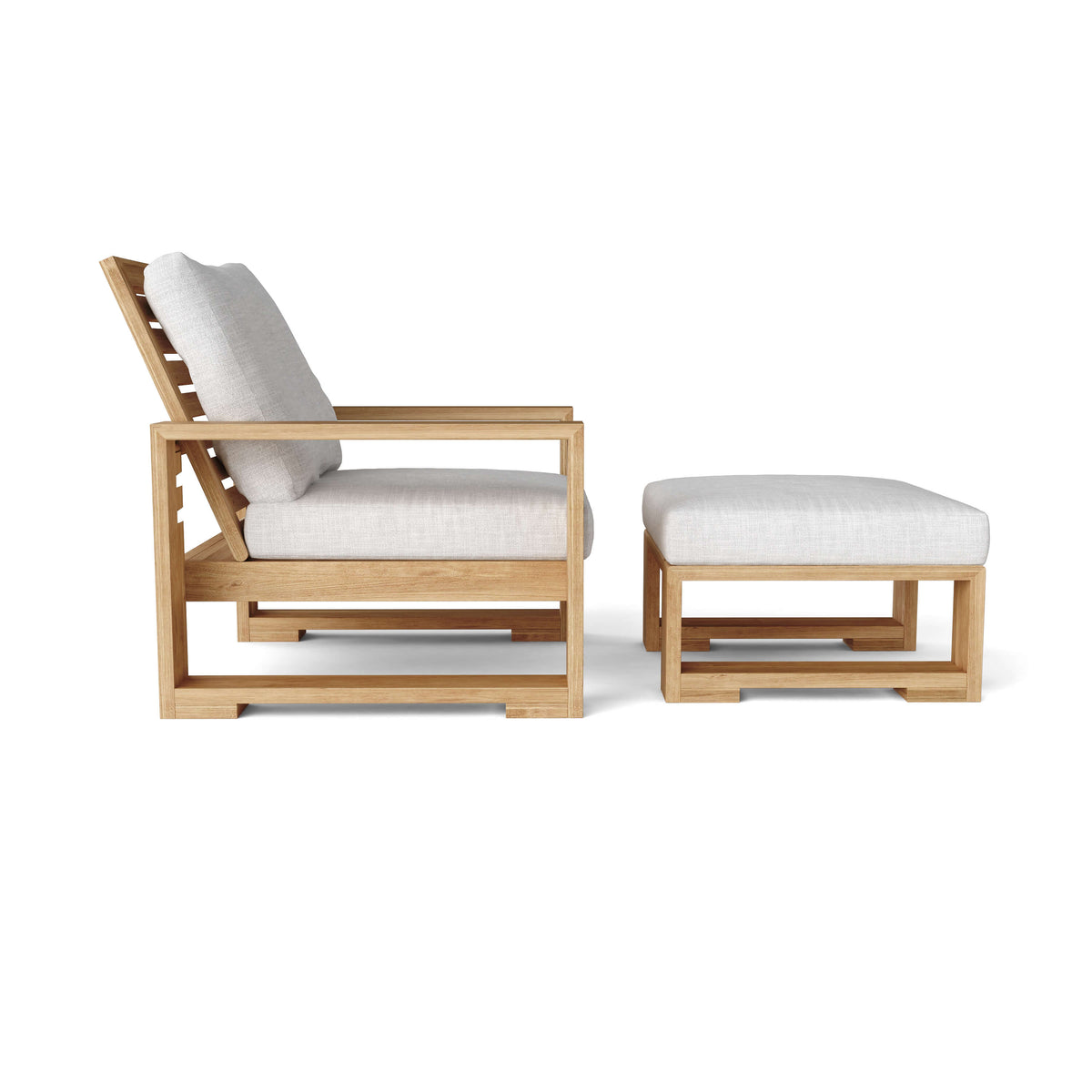Wooden outdoor chair and ottoman with white cushions on a white background