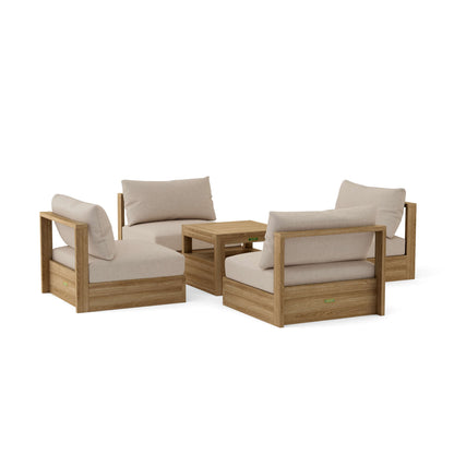 Outdoor furniture set with wooden frames and beige cushions on a white background