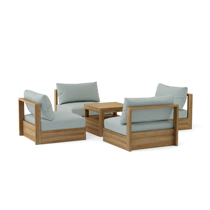 Outdoor furniture set with wooden frames and light gray cushions on a white background