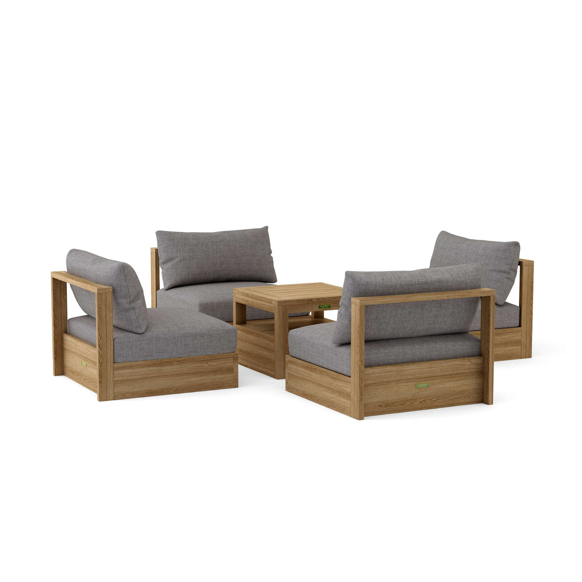 Outdoor furniture set with wooden frames and gray cushions on a white background