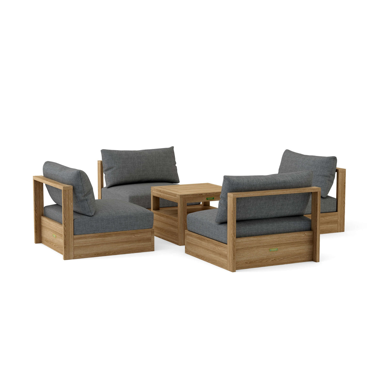Outdoor furniture set with wooden frames and gray cushions on a white background