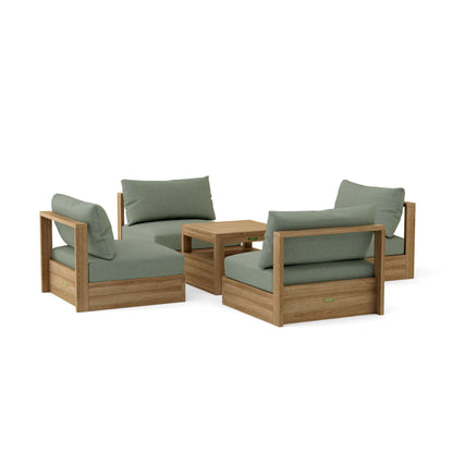 Wooden outdoor furniture set with green cushions on a white background